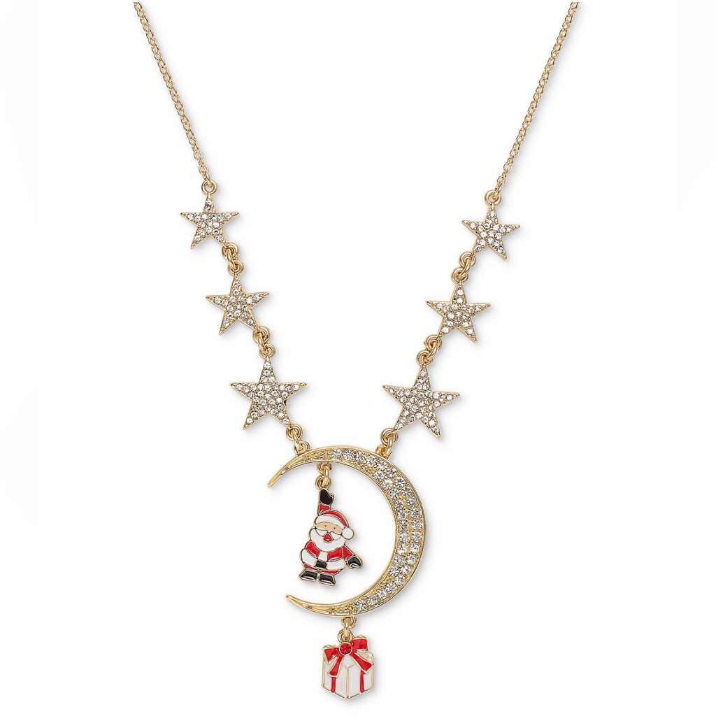 Festive Gold-Tone Pav Star Moon Santa Lariat Necklace 18 3 Extender 14$